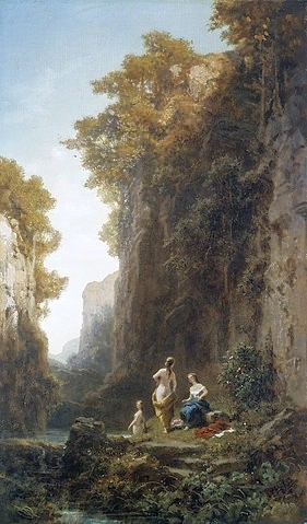 Carl Spitzweg, Landschaft mit Badenden. (Spitzweg,Carl,1808-1885,Hannover,Landesmuseum,Öl auf Leinwand,19. Jahrhundert,Spitzweg,Carl Spitzweg,Biedermeier,Landschaft,Badende,Rückenfigur,unbeobachtet,Tal,Taleinschnitt,Schlucht,Felswand,Badeplatz,Idylle,idyllisch,Frauen)