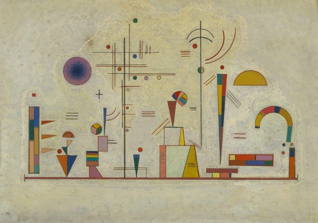 Wassily Kandinsky, Ernst - Spaß. 1930 (München,Pinakothek der Moderne,Kandinsky,Wassily,1866-1944,Öl/Sperrholz,Wassily Kandinsky,Abstrakte Kunst,abstrakt Abstraktion 20. Jahrhundert,Der Blaue Reiter weißer Hintergrund Formen Balance Geometrie geometrisch dynamisch Dynamik Kreis spitz Spitze St)