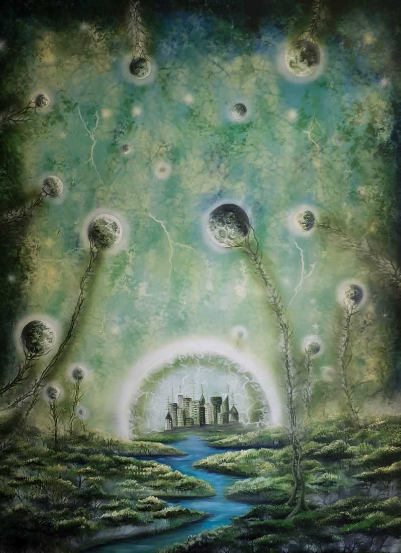 Conny Krakowski, Zurück zu den Wurzeln (Surrealismus, Traum, Magie, Esoterik, Baum, Traumbaum,Lebensbaum,Geburt,Leben,Sterben,Wege, Lebensweg, Phantasie,Fantasie,Realismus,Malerei,Gemläde,detaiiert,Traumbild,Traumlandschaft,Landschaftsmalerei,Träumerei,Wasserfall,Berge,Wolken,)