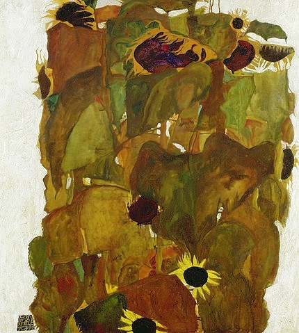 Egon Schiele, Sonnenblumen. 1911 (Schiele,Egon,1890-1918,Wien,Österreichische Galerie Belvedere,Öl auf Leinwand,20. Jahrhundert,Egon Schiele,Sonnenblume,Sonnenblumen,Blätter,Expressionismus)