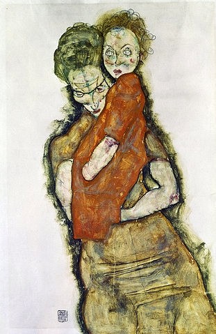 Egon Schiele, Mutter mit Kind. 1914 (Privatbesitz,Schiele,Egon,1890-1918,Gouache,20. Jahrhundert,Schiele,Egon Schiele,Expressionismus,Mutter,Kind,auf dem Arm,tragen,Mutterschaft,Nähe,Vertrauen,ängstlich,ängstlicher Blick,Kontur,Konturlinie)