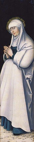 LUCAS CRANACH Der Ältere, Kreuzigungstriptychon: Maria in Anbetung. (Maria, Madonna, Nimbus, Heiligenschein, weißes Kleid, Anbetung, Detail, Klassiker, Renaissance, Wunschgröße, Wohnzimmer)