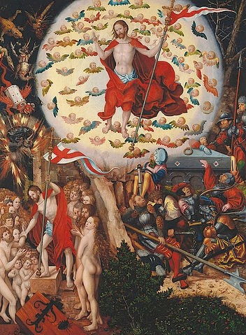 LUCAS CRANACH Der Ältere, Mitteltafel des Magdalenenaltars: Auferstehung. (Magdalenenaltar, Auferstehung, Jesus Christus, Erlösung, Erlöser, Retter, Pantokrator, Klassiker, Renaissance, Wunschgröße, Wohnzimmer)