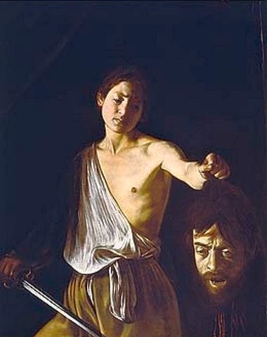 Michelangelo Merisi da Caravaggio, David mit dem Haupt des Goliath. 1606. (Enthaupten, Kopf, König, Schwert, Tod, Kampf, Steinschleuder, Altes Testament, Bibel, Religion, Hell-Dunkel, Barock, Klassiker, Malerei, Wunschgröße, Wohnzimmer)
