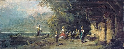 Carl Spitzweg, Wirtshaus am See. (Spitzweg,Carl,1808-1885,Wuppertal,Von-der-Heydt-Museum,Spitzweg,Carl Spitzweg,19. Jahrhundert,Deutschland,See,Boot,Ausflug,Bootsführer,Bootsmann,Familie,Familienausflug,lockere Malweise,Rast,einkehren)