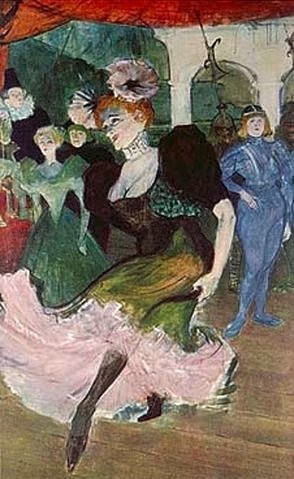 Henri de Toulouse-Lautrec, Marcelle Lender, den Bolero tanzend (Detail). Um 1895 (Privatbesitz,Toulouse-Lautrec,Henri de,1864-1901,Toulouse-Lautrec,Henri Toulouse-Lautrec,Toulouse Lautrec,19. Jahrhundert,Jahrhundertwende,Jugendstil,Tanz,tanzen,Bolero,Chilperic,Chilpéric,Schwung,schwungvoll,Bühne,Auftritt,Unterrock,Rocksaum,Ansteckblume)