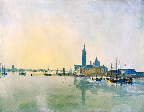 Joseph Mallord William Turner, Morgenstimmung in Venedig. (Turner,Joseph Mallord William,1775-1851,London,British Museum,Aquarell,Turner,William Turner,19. Jahrhundert,Italien,Venedig,San Giorgio Maggiore,Insel,Lagune,Kirche,Kirchturm,Stadtansicht,Vedute,Morgenstunde,Aquarell,hell,zart,Morgen,Architektur,Boote)