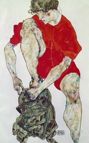 Egon Schiele, Weibliches Modell in feuerroter Jacke und Hose. 1914 (Schiele,Egon,1890-1918,Wien,Graphische Sammlung Albertina,Deckfarben,20. Jahrhundert,Bleistift auf Japanpapier,Egon Schiele,Expressionismus,ausziehen,anziehen,rot,Unterschenkel,Knie,Körper,Körperlichkeit,Frau,angeschnitten,Weibliches Modell in rotem Gewan)