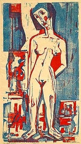 Ernst Ludwig Kirchner, Stehende nackte Frau. 1924. (Städel Museum,Frankfurt am Main,Kirchner,Ernst Ludwig,1880-1938,Farbholzschnitt,Graphische Sammlung,Kirchner,Ernst Ludwig Kirchner,20. Jahrhundert,Expressionismus,Farbholzschnitt,Holzschnitt,Akt,weiblicher Akt,Frau,stehen,rot,blau,Pagenkopf,Pagenfrisur, S)