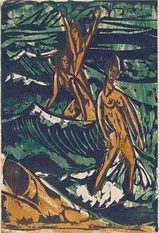 Ernst Ludwig Kirchner, Drei Badende in den Wellen. 1913. (Städel Museum,Frankfurt am Main,Kirchner,Ernst Ludwig,1880-1938,Farbholzschnitt,Graphische Sammlung,Kirchner,Ernst Ludwig Kirchner,20. Jahrhundert,Expressionismus,Holzschnitt,Grafik,Graphik,Welle,Wellen,Meer,Brandung,baden,Bad,Badende,Frauen,Akte,Akt,Stra)