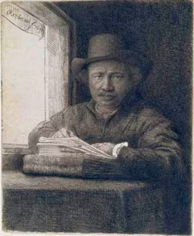 Rembrandt van Rijn, Selbstbildnis zeichnend am Fenster. 1648 (Rembrandt van Rijn,1606-1669,Städel Museum,Frankfurt am Main,Radierung,Graphische Sammlung,Rembrandt,17. Jahrhundert,Barock,Niederlande,Selbstbildnis,Grafik,Radierung,Selbstportrait,Selbstportät,Hut,frontal,Mann,Schreibunterlage, Städel Museum)