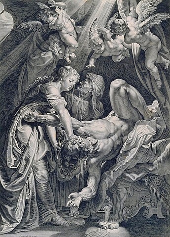 Peter Paul (Werkstatt) Rubens, Judith und Holofernes. (Städel Museum,Frankfurt am Main,Rubens,Peter Paul (Werkstatt),Kupferstich,Graphische Sammlung,Rubens,Peter Paul Rubens,Rubens Werkstatt,Barock,17. Jahrhundert,Judith,Holofernes,Altes Testament,Grafik,Graphik,Engel,Ermordung,Enthauptung,Lager,Schlafgemach,)