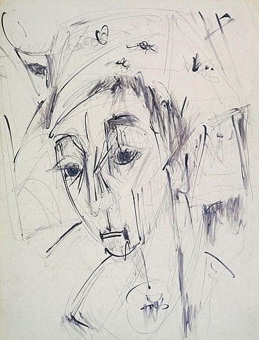 Ernst Ludwig Kirchner, Bildnis Erna mit Hut. 1917. (Städel Museum,Frankfurt am Main,Kirchner,Ernst Ludwig,1880-1938,Graphische Sammlung,Rohrfeder über Bleistift,Kirchner,Ernst Ludwig Kirchner,20. Jahrhundert,Expressionismus,Zeichnung,Gesicht,Kopf,Portrait,Erna,akzentuiert,geneigter Kopf,grafisch,graphisch,)