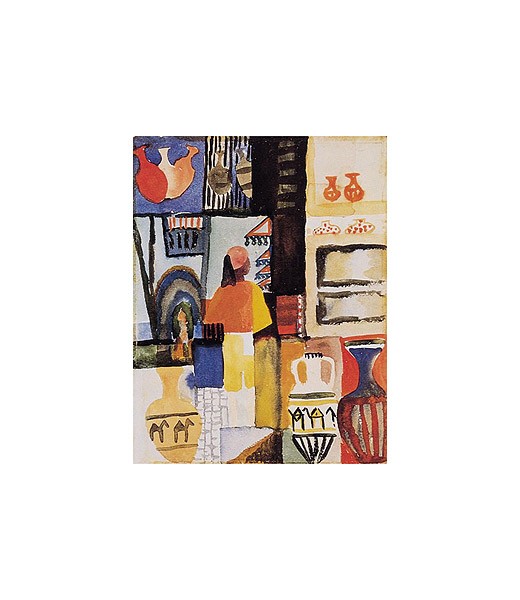 August Macke, Haendler mit Kruegen (Offset) (Händler, Bazar, orientalischer Markt, Krüge, Amphoren, Malerei, Expressionismus, Orient, Tunesien,  Tunisreise,  Treppenhaus, Arztpraxis, Klassische Moderne, bunt)