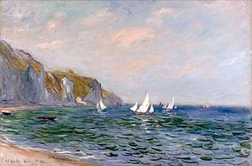 Claude Monet, Klippen und Segelschiffe bei Pourville. (Monet,Claude,1840-1926,Öl auf Leinwand,Privatbesitz,Monet,Claude Monet,19. Jahrhundert,Frankreich,Impressionismus,Landschaft,Meer,Küste,Segelboote,Klippen)