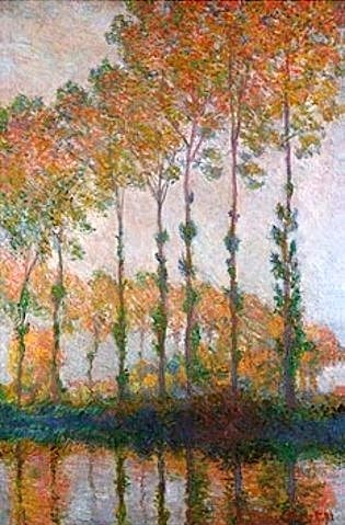 Claude Monet, Pappeln am Ufer der Epte im Herbst. 1891 (Monet,Claude,1840-1926,Öl auf Leinwand,Privatbesitz,Monet,Claude Monet,19. Jahrhundert,Frankreich,Impressionismus,Landschaft,Bäume,Allee,Pappel,Herbst,Herbstlaub,gefärbte Blätter)