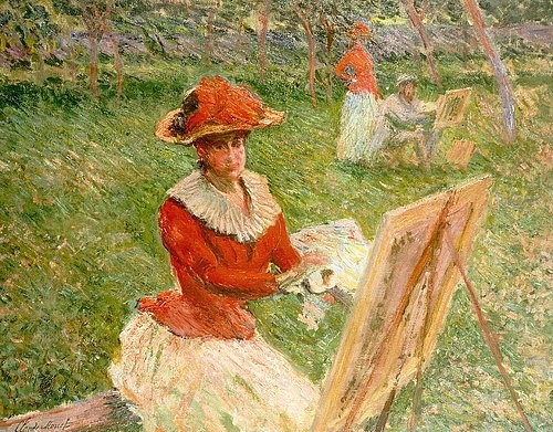 Claude Monet, Blanche Hoschede malend. 1892 (Monet,Claude,1840-1926,Öl auf Leinwand,Privatbesitz,Monet,Claude Monet,19. Jahrhundert,Impressionismus,Malerin,Künstlerin,Garten,Freiluftmalerei,Leinwand,Staffelei,malen)