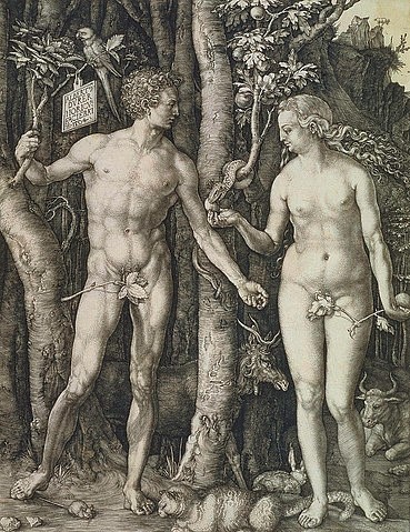 Albrecht Dürer, Adam und Eva. 1504 (Städel Museum,Frankfurt am Main,Dürer,Albrecht,1471-1528,Kupferstich,Graphische Sammlung,Dürer,Albrecht Dürer,16. Jahrhundert,Renaissance,Adam,Eva,Mann,Frau,Paar,Baum der Erkenntnis,Versuchung,Schlange,Genesis,Garten von Eden,Feigenblatt,Katze,Papagei,Par)
