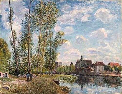 Alfred Sisley, Moret, Blick auf dem Fluss Loing an einem Nachmittag im Mai. (Sisley,Alfred,Christie's Images Ltd,1839-1899,Öl auf Leinwand,Sisley,Alfred Sisley,19. Jahrhundert,Impressionsimus,Landschaft,Frankreich,Fluss,Flussufer,Frühling,Frühlingszeit)