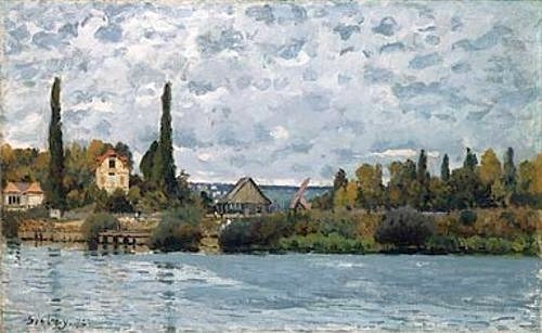 Alfred Sisley, Die Seine bei Bougival. 1873 (Sisley,Alfred,Christie's Images Ltd,1839-1899,Öl auf Leinwand,Sisley,Alfred Sisley,19. Jahrhundert,Impressionsimus,Landschaft,Frankreich,Fluss,Flussufer,wolkig,bedeckt,bedeckter Himmel,Himmel,tiefer Horizont,horizontal,waagerecht,waagrecht,hohe Bäume,Ufer)