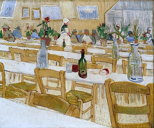 Vincent van Gogh, In einem Restaurant. 1887-88 (Restaurant, Innenraum, Gäste, Interieur, Holzstühle, Einrichtung, Alltagsszene, Tische, Speiseraum, Bedienung, Klassische Moderne, Impressionismus, Wohnzimmer, Esszimmer, Wunschgröße, bunt)