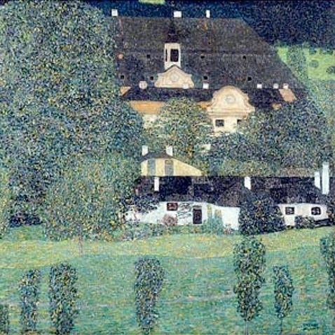 Gustav Klimt, Schloss Kammer am Attersee II. 1909. (Jugendstil, Österreich, Schloss Kammer, Klassische Moderne, Sezession, Pointilismus, Garten, mondän, üppig, Wohnzimmer, Wunschgröße, Malerei, bunt)