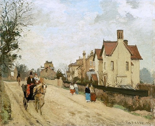 Camille Pissarro, Straße in Upper Norwood. 1871 (München,Neue Pinakothek,Pissarro,Camille,1830-1903,Lwd.,19. Jahrhundert,Impressionismus,französischer,England,Wagen,Strassen,Pissarro, Camille 1830-1903, Bayerische Staatsgemäldesammlungen, französischer impressionismus,Großbritannien, Kutsche Fußgänger S)