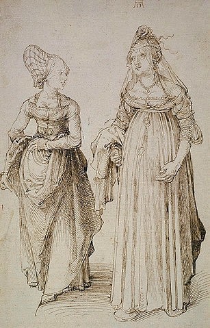 Albrecht Dürer, Nürnbergerin und Venezianerin. 1495 (Feder,in dunklem Graubraun auf Büttenpapier,15. Jahrhundert,<br> Städel Museum Frankfurt am Main,Graphische Sammlung,1471-1528,Dürer,Albrecht,Dürer,Albrecht Dürer,15. Jahrhundert,Renaissance,Frau,Frauen,Mode,Kleidung,Kostümstudie,Schleier,Haube,Mieder,Sch)