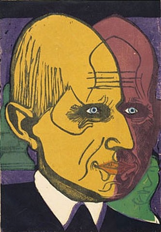 Ernst Ludwig Kirchner, Kopf Dr. Bauer. (Kirchner,Ernst Ludwig,1880-1938,Farbholzschnitt,Graphische Sammlung,<br> Städel Museum Frankfurt am Main,Kirchner, Ernst Ludwig Kirchner,20. Jahrhundert,Expressionismus,Grafik,Graphik,Portrait,Porträt,Kopf,Gesicht,Hälften,Häfte,Gesichtshälfte,Gesichtshälf)