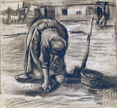 Vincent van Gogh, Planteuse de pommes de terre (Kartoffelpflanzerin). 1885. (Städel Museum,Frankfurt am Main,Gogh,Vincent van,1853-1890,Graphische Sammlung,Schwarze Kreide,über Kohle auf geripptem Bütten,mit dem Gummi gehellt,teilweise laviert,Vincent van Gogh Städel Museum Zeichnung Bäuerin bücken Ernte ernten Kartoffelernte Kart)