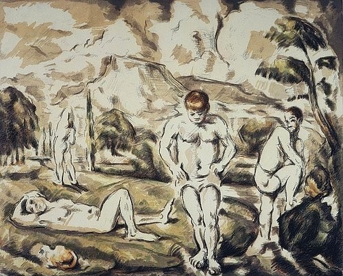 Paul Cézanne, Quatre Baigneurs (Vier Badende). (19. Jahrhundert,<br> Städel Museum Frankfurt am Main,Graphische Sammlung,Farblithographie,1839-1906,Cézanne,Paul,Städel Museum,paul cézanne,lithographie,grafik,druckgrafik,badende,jungen,männer,nackt)