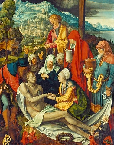 Albrecht Dürer, Beweinung Christi (Glimsche Beweinung). Um 1500 (München,Alte Pinakothek,Dürer,Albrecht,1471-1528,Nadelholz,16. Jahrhundert,Dürer, Albrecht Dürer,Renaissance,Beweinung Christi,Pietà,Dornenkranz,Landschaft,Jesus Christus,Trauernde,Trauer,Wappen,Albrecht Glim,Berg,Figurengruppe,Joseph von Arimathia,Nikode)