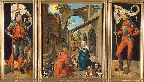 Albrecht Dürer, Paumgartner-Altar. Totale. Um 1500-04. Der hl.Georg, die Geburt Christi, der hl. Eustachius (München,Alte Pinakothek,Dürer,Albrecht,1471-1528,Lindenholz,Christigeburt,Heiliger Georg,Heiliger Eustachius,Heilige,Dürer, Albrecht 1471-1528,Altar, Bayerische Staatsgemäldesammlungen)