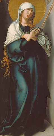 Albrecht Dürer, Maria als Schmerzensmutter. 1496/98(?) (Renaissance,15. Jahrhundert,Nadelholz,1471-1528,Dürer,Albrecht,München,Alte Pinakothek,Dürer, Albrecht Dürer,Maria,Leid,Frau,Heiligenschein,blau,blaues Gewand, Bayerische Staatsgemäldesammlungen)