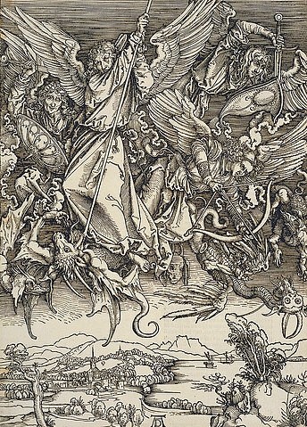 Albrecht Dürer, Michaels Kampf mit dem Drachen. 1497 (Dürer,Albrecht,1471-1528,Holzschnitt,Graphische Sammlung,<br> Städel Museum Frankfurt am Main,Dürer,Albrecht Dürer,15. Jahrhundert,16. Jahrhundert,Renaissance,Michael,Erzengel,Kampf,Böse,gut gegen böse,Stadtkulisse,Schwert,Bogen,Lanze,kämpfen,Flügel,Misch)