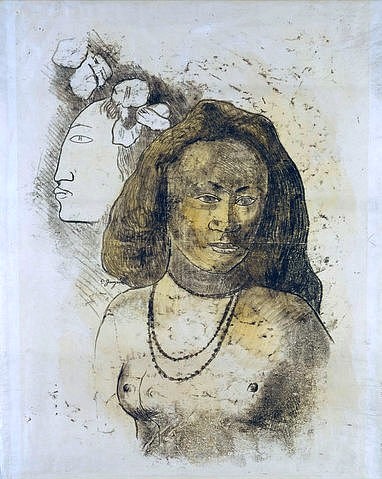 Paul Gauguin, L'Esprit veille (Der Geist wacht.). 1899/1900 (Gauguin,Paul,1848-1903,Graphische Sammlung,<br> Städel Museum Frankfurt am Main,Monotypie in Schwarz und Braun,überarbeitet,geringfügig braun aquarelliert,Gauguin,Paul Gauguin,19. Jahrhundert,exotisch,Exotik,Profil,Frau,Frauen,Eingeborene,Tahiti,Tahitiane)