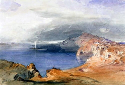 Carl Rottmann, Santorin. Um 1843. (Landschaftsmalerei, Insel, Meer, Griechenland, mythisch, episch, heroisch, Antike, Malerei, Romantik, Klassiker, Wunschgröße,  Wohnzimmer, bunt)