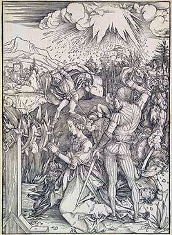 Albrecht Dürer, Die Marter der hl. Katharina. Um 1498. (Städel Museum,Frankfurt am Main,Dürer,Albrecht,1471-1528,Holzschnitt,Graphische Sammlung,Dürer,Albrecht Dürer,Grafik,Graphik,Holzschnitt,15. Jahrhundert,16. Jahrhundert,Renaissance,Heilige,Heilige Katharina,Katharina von Alexandria,Marter,Martyrium,Rad,br)