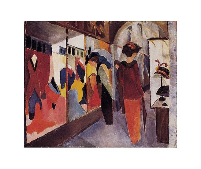 August Macke, Modegeschäft (Offset) (Frau, Eleganz, Shopping, Einkaufen, Schaufenster, Malerei, Expressionismus, Wohnzimmer, Treppenhaus,  Klassische Moderne, bunt)