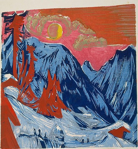 Ernst Ludwig Kirchner, Wintermondnacht. (20. Jahrhundert,Expressionismus,<br> Städel Museum Frankfurt am Main,Graphische Sammlung,1880-1938,Kirchner,Ernst Ludwig,Städel Museum,Ernst Ludwig Kirchner,Mond,Berge,Winter,Schnee,rot)