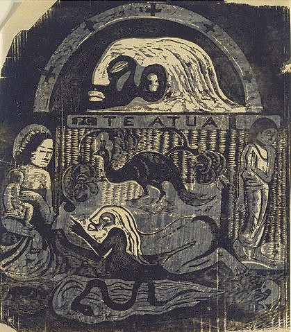 Paul Gauguin, Te Atua - Les Dieux (Te Atua - Die Götter). 1899 (Gauguin,Paul,1848-1903,Holzschnitt,Graphische Sammlung,<br> Städel Museum Frankfurt am Main,19. Jahrhundert,Städel Museum,Paul Gauguin,schwarz,Tahiti,exotisch,Pfau,Schlange)