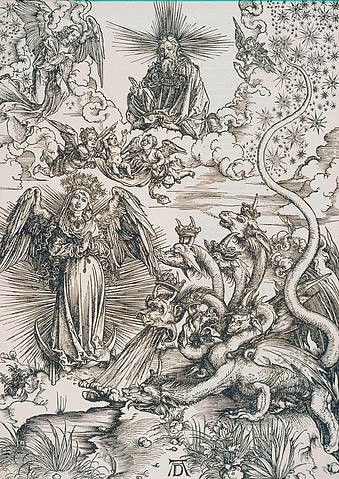 Albrecht Dürer, Das Sonnenweib und der siebenköpfige Drache, Apokalypse IX. Figur. Um 1497 (Dürer,Albrecht,1471-1528,Holzschnitt,Graphische Sammlung,<br> Städel Museum Frankfurt am Main, Städel Museum)