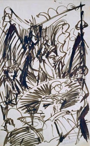 Ernst Ludwig Kirchner, Café-Interieur. Um 1916 (Kirchner,Ernst Ludwig,1880-1938,Graphische Sammlung,<br> Städel Museum Frankfurt am Main,Rohrfeder in schwarzgrüner Tinte,Kirchner,Ernst Ludwig Kirchner,20. Jahrhundert,Expressionismus,Die Brücke,Städel,Städel Museum,Graphische Sammlung,Graphik,Grafik,Fra)