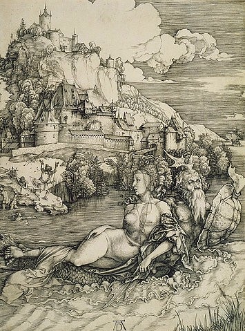 Albrecht Dürer, Das Meerwunder. Um 1498 (Dürer,Albrecht,1471-1528,Kupferstich,Graphische Sammlung,<br> Städel Museum Frankfurt am Main,15. Jahrhundert,Renaissance,Städel Museum,meerjungfrau,Nixe,Seemonster,Seeungeheuer,Albrecht Dürer,Burg)