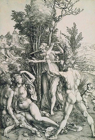 Albrecht Dürer, Hercules am Scheidewege. (Dürer,Albrecht,1471-1528,Kupferstich,Graphische Sammlung,<br> Städel Museum Frankfurt am Main,16. Jahrhundert,Renaissance,Mythologie,Städel Museum,Albrecht Dürer,Herkules,Scheideweg,Satyr,Stärke,Held,Kampf)