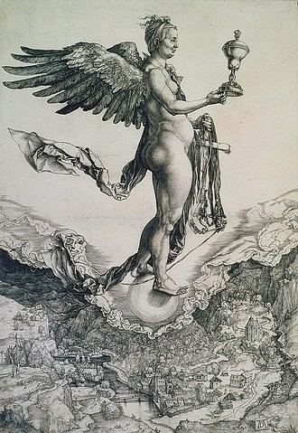 Albrecht Dürer, Nemesis (Das große Glück). Um 1501 (Dürer,Albrecht,1471-1528,Kupferstich,Graphische Sammlung,<br> Städel Museum Frankfurt am Main,16. Jahrhundert,Renaissance,Städel Museum,Albrecht Dürer,Flügel,Nemesis,Göttin,Glücksgöttin,Schicksal,Zaumzeug,Erdkugel,Globus,Landschaft,Akt,nackt,schweben,Stad)