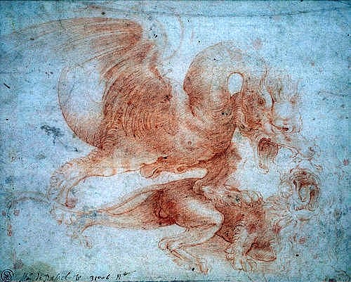 Leonardo da Vinci, Ein Drache attakiert einen Löwen. (Leonardo da Vinci,1452-1519,Graphische Sammlung,<br> Städel Museum Frankfurt am Main,Rötel, Städel Museum)