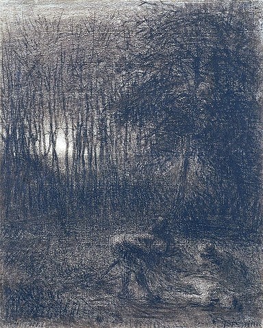 Jean-François Millet, Nächtliche Szene im Wald. (Millet,Jean-François,1814-1875,Graphische Sammlung,<br> Städel Museum Frankfurt am Main,Kreide in Schwarz,Städel Museum)
