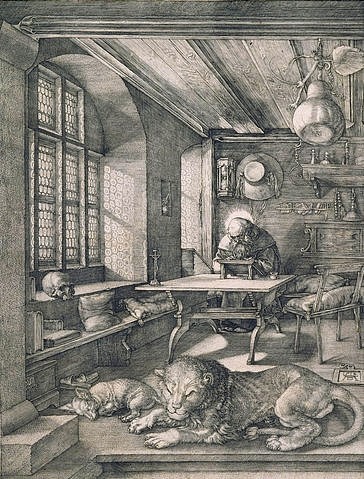 Albrecht Dürer, Hieronymus im Gehäuse. 1514 (Dürer,Albrecht,1471-1528,Albrecht Dürer,Graphische Sammlung,<br> Städel Museum Frankfurt am Main,16. Jahrhundert,Renaissance,Städel Museum,Albrecht Dürer,Hieronymus,Löwe,Schädel,Studierzimmer,Heiliger)