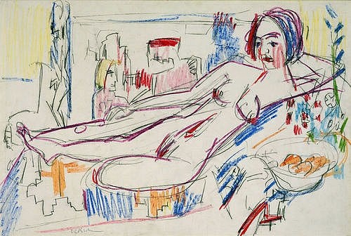 Ernst Ludwig Kirchner, Liegender weiblicher Akt auf einer Ottomane. 1924 (Kirchner,Ernst Ludwig,1880-1938,Graphische Sammlung,<br> Städel Museum Frankfurt am Main,Kohle,Farbige Fettkreide,auf Karton,Städel Museum)
